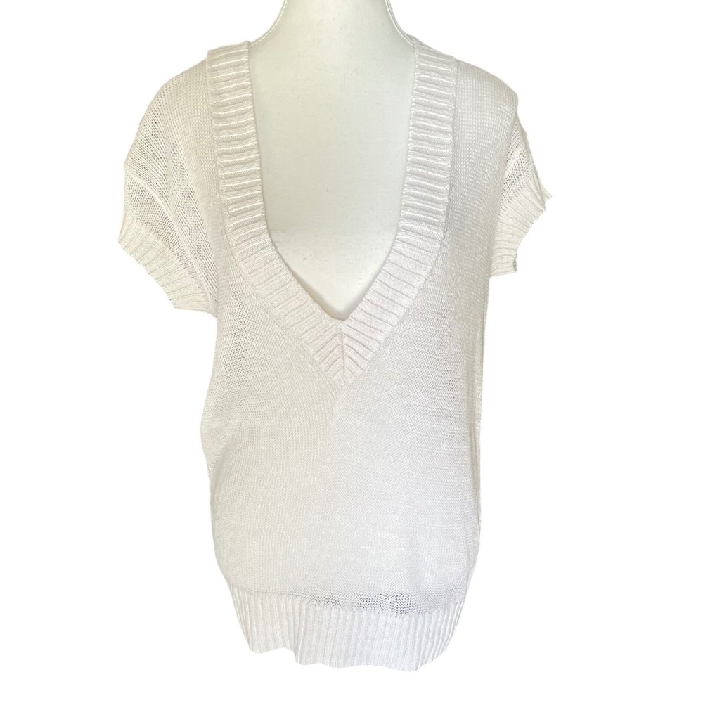 Banana Republic Sweater Top XS White Knit Short Sleeve‎ V Neck Casual Womens